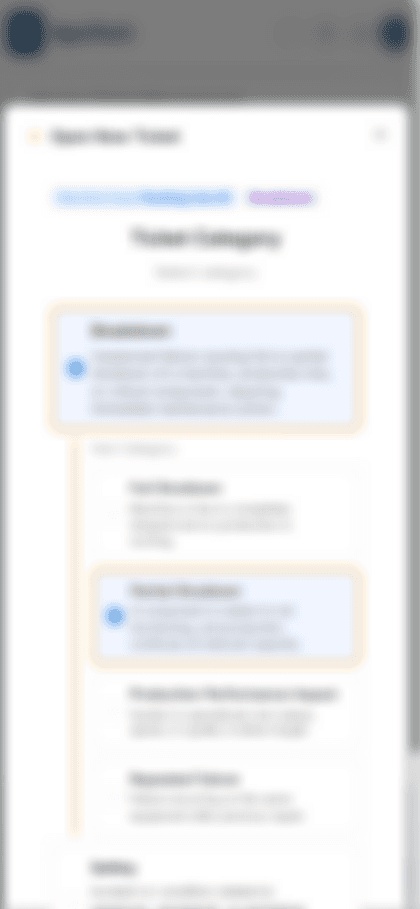 Opening a ticket on a phone: choosing the ticket category